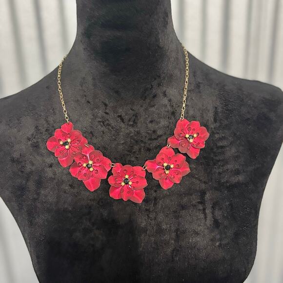 Bold Red Layered Flower Statement Necklace Gold Chain | Glam Floral Jewelry - Picture 3 of 13